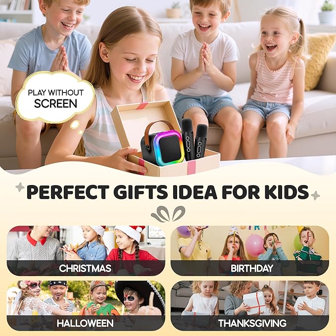 IROO Mini Karaoke Machine for Kids, 2025 TOP Toys Birthday Gifts Ideas for Girls Ages 4, 5, 6, 7, 8, 9, 10, 12+ Years Old, Portable MP3 Player with 2 Wireless Mics for Party(Black)-BubblyBeeBaby