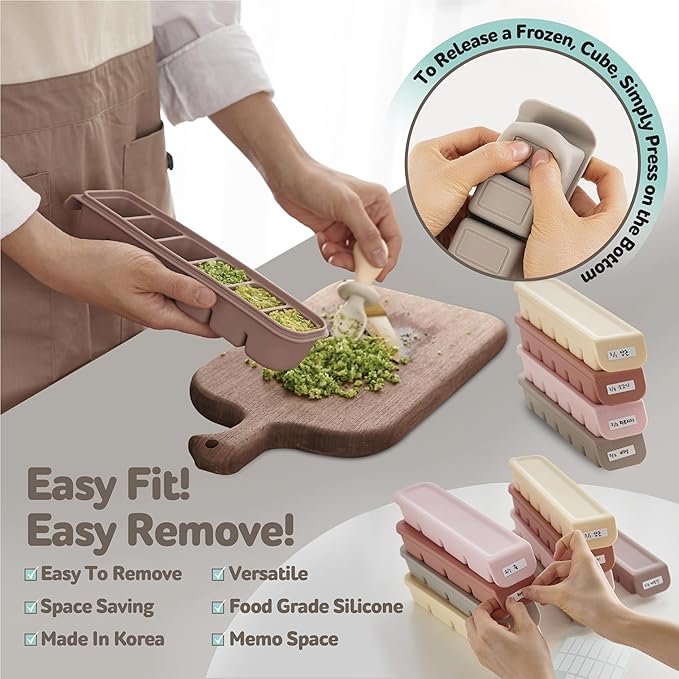 12 Section-0.5oz, Gray 100% Food Grade Silicone Ice Cube Tray Food Container with Airtight Locking Lid, Fruit Vegetable Purees, Breastmilk Storage for Baby & Toddler Food | BPA Free Korea Made-BubblyBeeBaby