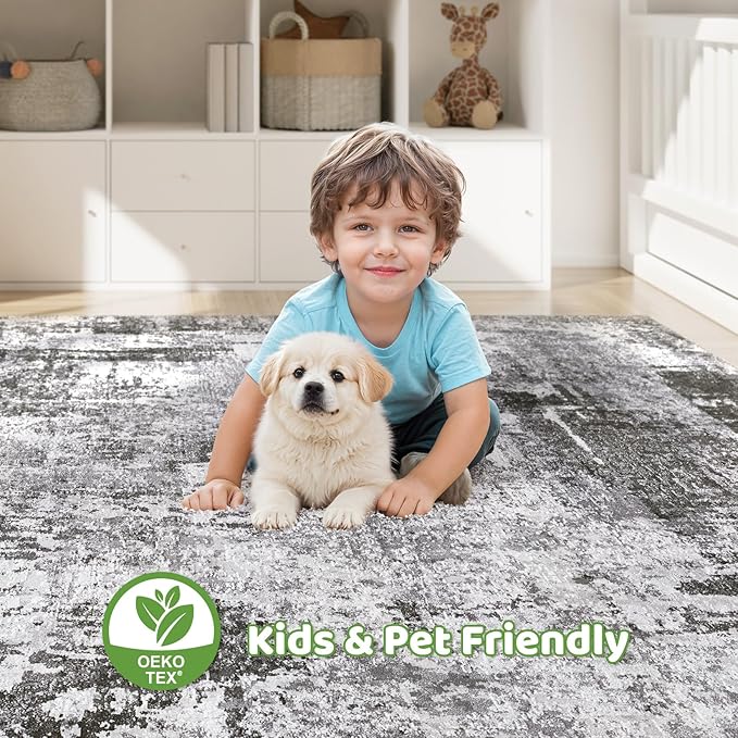 10x14 Area Rugs Living Room: Washable Large Abstract Modern Soft Rug Stain Resistant Indoor Floor Non Slip Accent Carpet for Bedroom Nursery Playroom Office Dining Room Dorm Home House- Black Grey-BubblyBeeBaby