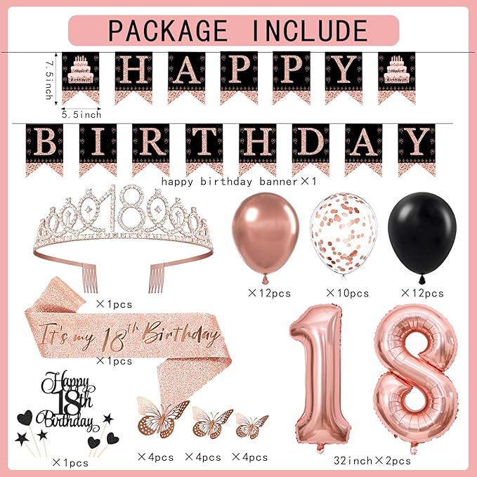 18th Birthday Decorations for Girls Women - 56pcs Rose Gold Happy 18th Banner, 18th Birthday Crown Sash, Cake Topper, Number 40 balloons, 3D Butterflies, 4 Balloon Stands kits-BubblyBeeBaby