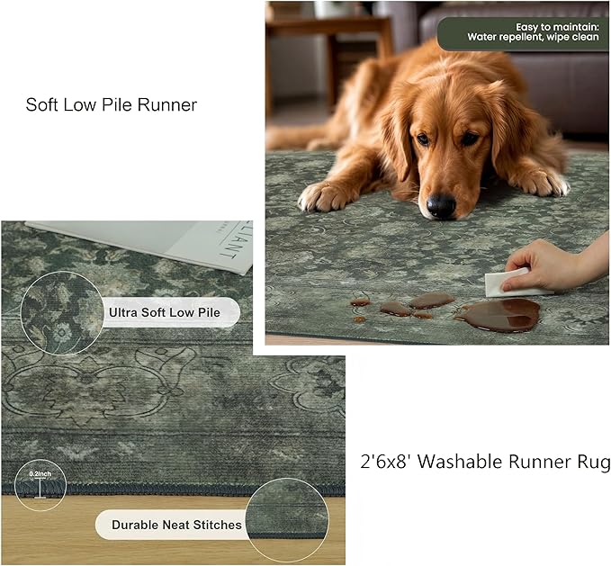 2'6x8' Washable Runner Rug for Hallway, Non Slip Vintage Floral Long Carpet Runners for Entryway, Kitchen, Bathroom, Bedroom, Low Pile Laundry Rugs Rubber Backing (Distressed Green)-BubblyBeeBaby