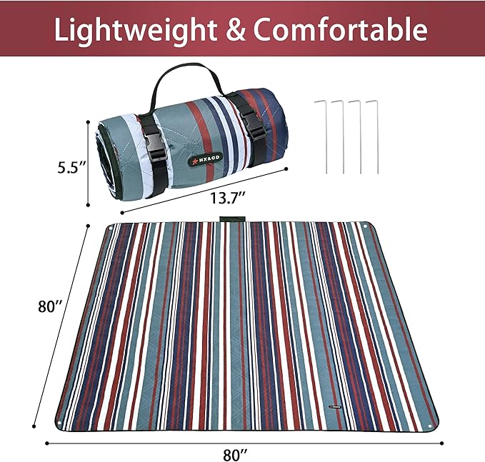 HX&OD Outdoor Picnic Blanket Extra Large, 80''*80'' Waterproof Picnic Mat with Stakes Foldable Camping Blanket Portable with Carry Strap for Beach Mat (Red, 80''*80'')-BubblyBeeBaby