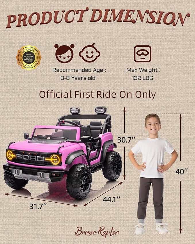 24V Ride on Toys for Big Kids, Licensed Ford Bronco Raptor 2 Seater Ride on Cars with Remote Control, Ride on Truck w/ 4-Wheeler Suspension, 3 Speeds, Led Lights, Bluetooth (24V, Pink)-BubblyBeeBaby