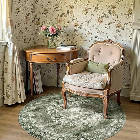 jinchan Round Rug 4ft Area Rug - Green Vintage Floor Mat Kitchen Indoor - Washable Circle 4' Thin Floral Print Carpet Retro Farmhouse Non Slip Dining Room Living Room Bedroom Office-BubblyBeeBaby