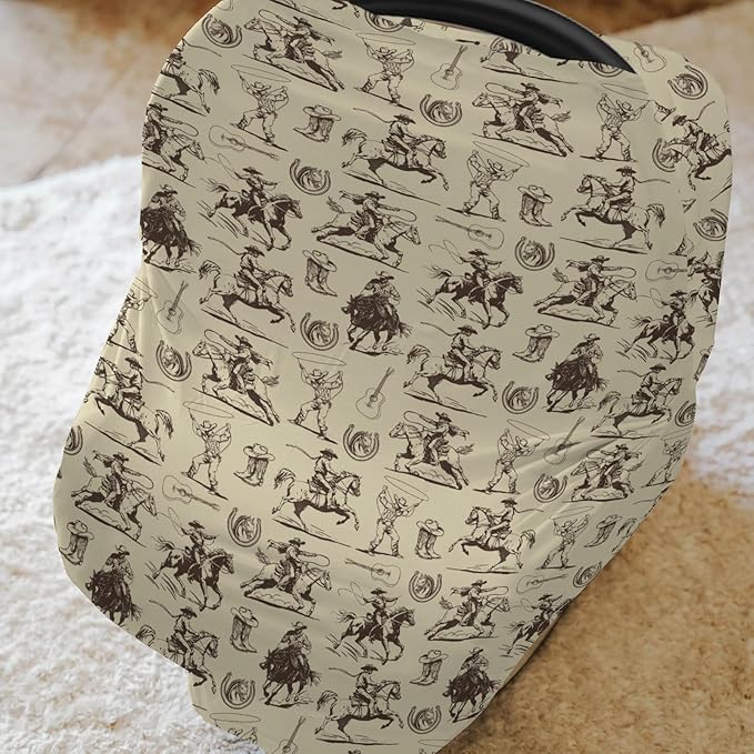 Vintage Cowboy Car Seat Cover for Baby Western Horses Boots Hats Guitar Stretchy 5-in-1 Covers Adjustable Car Canopy Breastfeeding Cover Country Western Breathable Nursing Cover-Up-BubblyBeeBaby