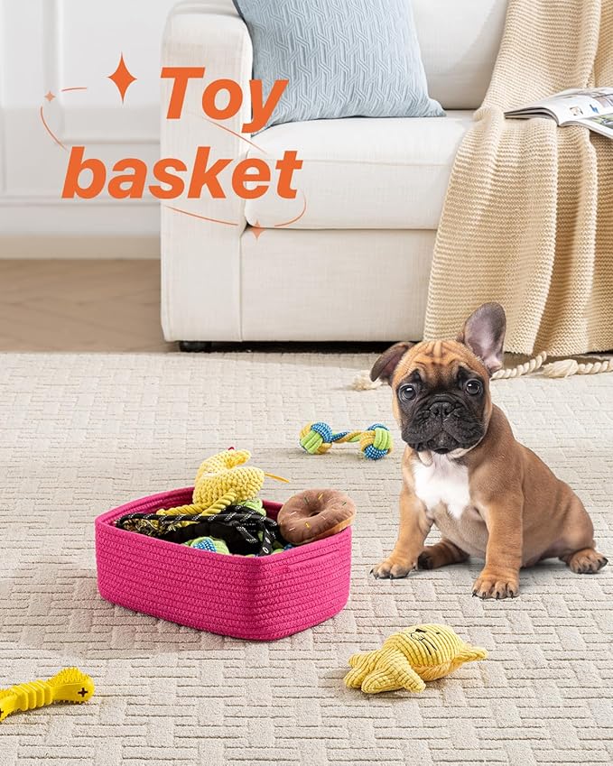 KALLAX Small Woven Basket, 12 x 8 x 4.5 Inches, Storage Basket for Organizing, Cute Small Rope Shelf Closet Cube Storage Bins Baskets for Shelves, Dog Toy Gift Baskets Empty, 3 Packs, Hot Pink-BubblyBeeBaby