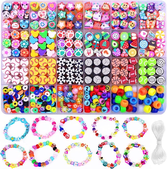 1000PCS Polymer Clay Beads Bracelet Making kit, 24 Style Cute Fun Sports Ball Beads Baseball Basketball Soccer Rugby Volleyball Football Charms, DIY Bracelet Making kit-BubblyBeeBaby