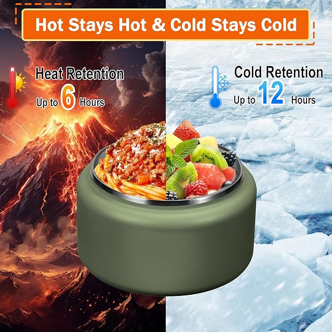 13.5oz Kids Thermos for Hot Food, Insulated Vacuum Food Jar with Buckle Lid, Stainless Steel Wide Mouth Leak Proof Insulated Lunch Container for School Picnic Travel, Green-BubblyBeeBaby