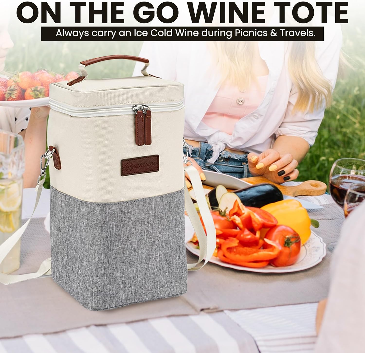 Insulated Wine Bag Cooler – Beige and Gray, Holds 4 Bottles, Wine Opener, Shoulder Strap, Expandable Zipper, 7.8 x 5 x 15 inches, Perfect for Travel & Picnic