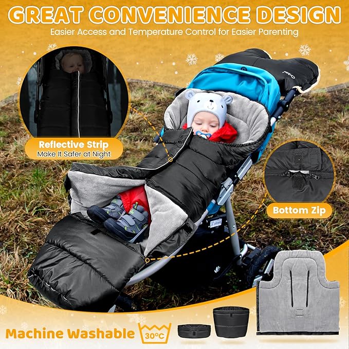 Orzbow Universal Stroller Bunting Bag with Extra Footmuff for Toddler, Kids, Warm Waterproof Stroller Blanket, Winter Cover, Baby Bunting Bag - Protect Babies from Cold Winds, Black-BubblyBeeBaby