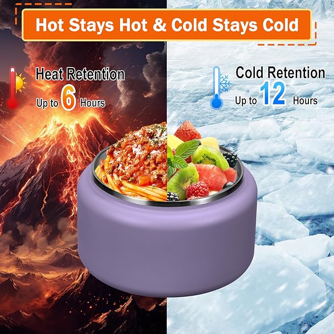 13.5oz Kids Thermos for Hot Food, Insulated Vacuum Food Jar with Buckle Lid, Stainless Steel Wide Mouth Leak Proof Insulated Lunch Container for School Picnic Travel,Purple-BubblyBeeBaby