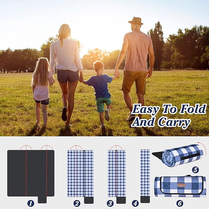 HX&OD Outdoor Picnic Blanket, Extra Large, 80''x60'' Waterproof Foldable Blankets Gingham Picnic Mat for Beach, Camping Grass Lawn Park Accessories Cute Couple Ideas Wedding (Blue, 80”x60”)-BubblyBeeBaby