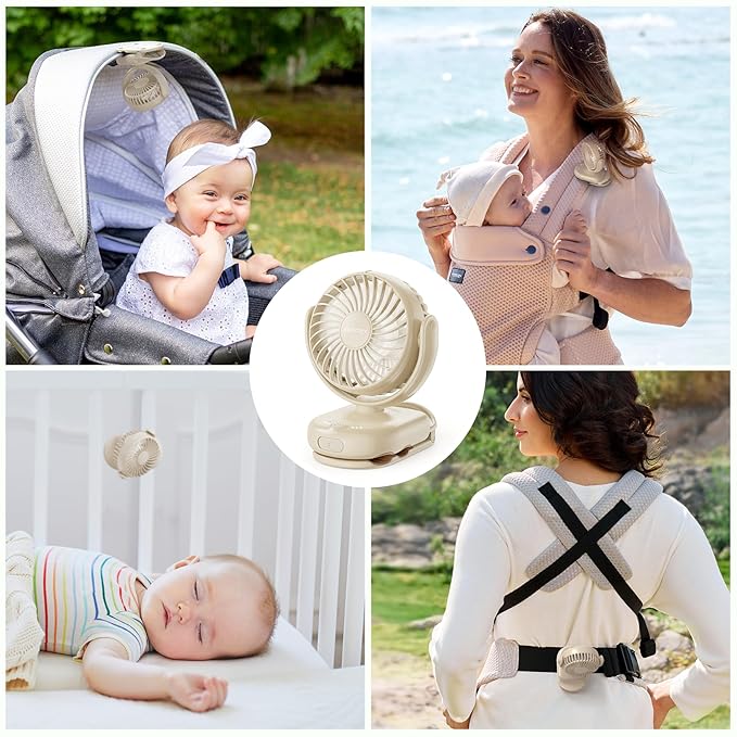 Momcozy Portable Fan with Clip | 4-Speed Mini-Fan for Carrier | Personal Fans Ultra Lighter 0.26lb | Gaps ≤4.5mm | Handheld Cooling | Rechargeable Rotate for Diaper Backpack/Stroller/Carrier/Chair-BubblyBeeBaby