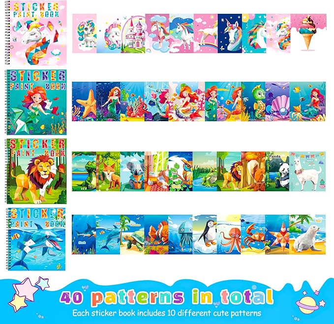 homicozy 4PCS Sticker Paint Books for Kids Ages 4-10,Unicorn Mermaid Animals Designs Paint by Stickers,Sticker by Numbers,Party Birthday Gifts for Girls 4-10,Create 40 Pictures One Stickers at A Time-BubblyBeeBaby