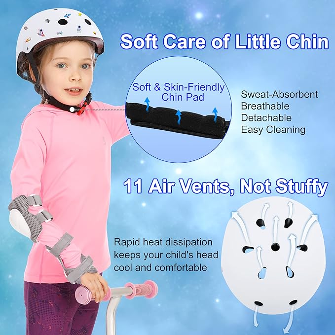 Kids Bike Helmet with DIY Stickers and Knee Pads Elbow Pads Wrist Guard Set for Ages 3-8-14 Toddler Boys Girls Helmet for Roller Skates Cycling Skateboarding Bicycle Scooter-BubblyBeeBaby