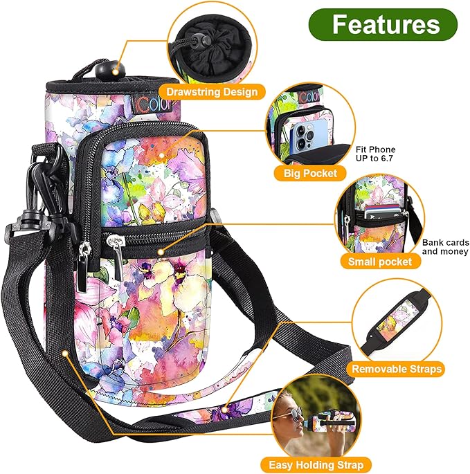 icolor Water Bottle Carrier Bag with Strap 25/32/40 oz Crossbody Bottle Holder with Phone Pocket Sling Sleeve Insulated Neoprene Water Bottle Pouch for Walking Travelling-BubblyBeeBaby