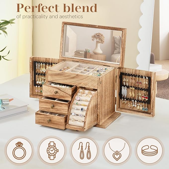 Jewelry Box Organizer, Solid Wood Jewelry Boxes fow Women with Mirror, Double Layer Jewelry Organizer Box Display Earring Necklace Bracelet Ring, Rustic Style Small Jewelry Box for Girls-BubblyBeeBaby