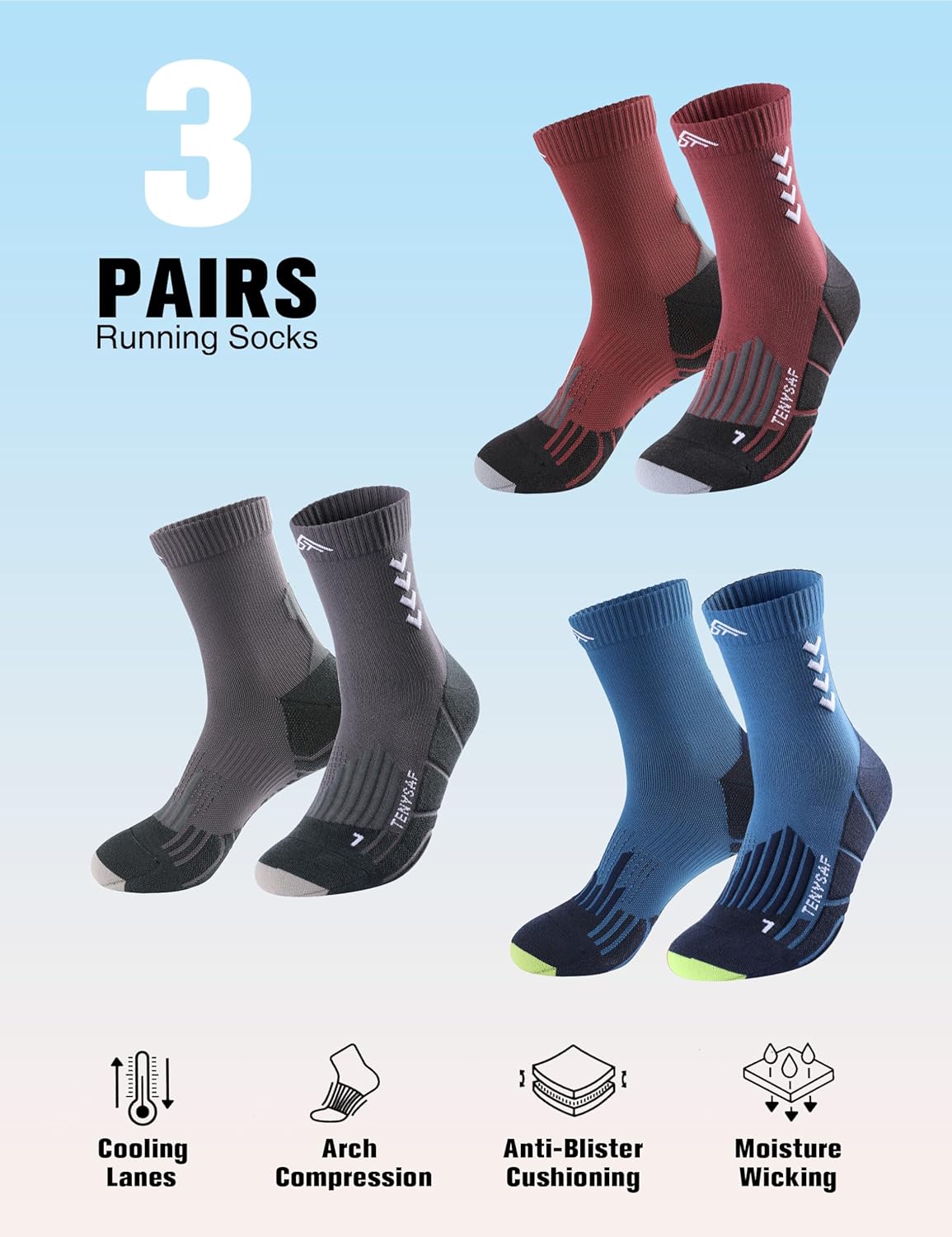 Compression Crew Running Socks: Athletic Socks for Men Women with Cushion,3 Pairs Work Hiking Basketball Sport Socks