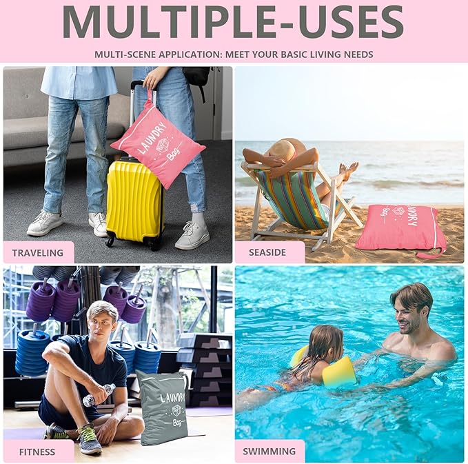 2 Pcs Large Travel Laundry Bag - Waterproof Wet Dry Washable for Dirty Clothes, Bathing Suit, Workout, Gym, Swimming, Yoga (Pink+Grey)-BubblyBeeBaby