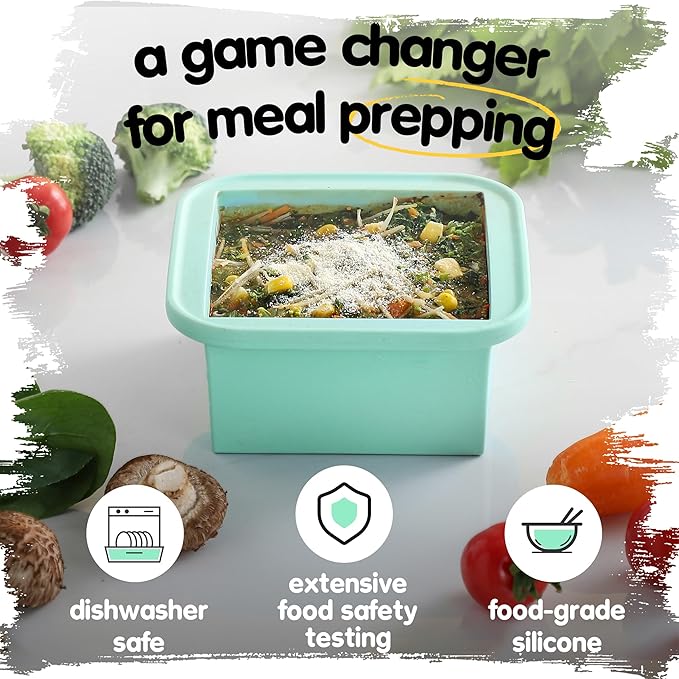 2-Cup Silicone Freezer Trays with Lids – Perfect for Meal Prep, Portion Control, and Easy Freezing-Meal Prep Container Molds for Soup,Leftovers (Bondi Mint, 4 Pack)-BubblyBeeBaby