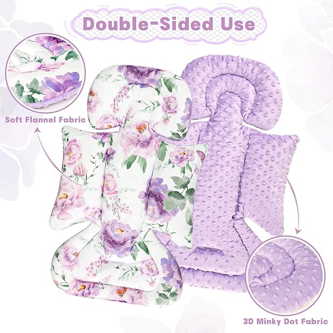 Infant Car Seat Insert, Soft Baby Car Seat Head & Body Support for Girl Boy, Reversible Newborn Preemie Carseat Insert Cushion with 3 Straps Pads Fits CarSeat, Stroller, Swing, Bouncer, Purple Floral-BubblyBeeBaby