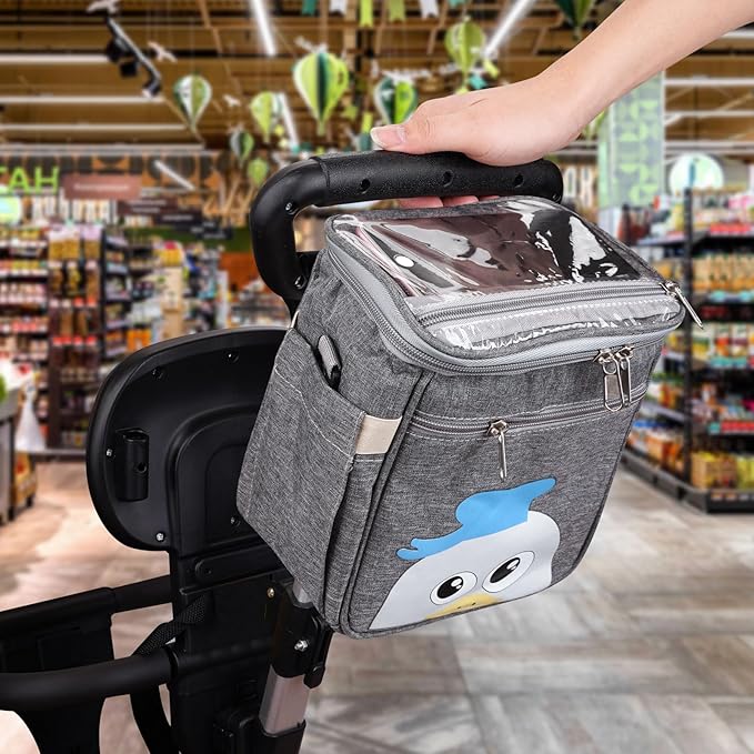 Baby Stroller Organizer Bag，Small Diaper Bag - Universal Stroller Organizer With Insulated Cup Holder,Pocket With Baby Wipes Dispenser，Adjustable Shoulder Strap(Deep Grey)-BubblyBeeBaby