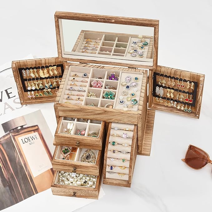 Jewelry Box Organizer, Solid Wood Jewelry Boxes fow Women with Mirror, Double Layer Jewelry Organizer Box Display Earring Necklace Bracelet Ring, Rustic Style Small Jewelry Box for Girls-BubblyBeeBaby