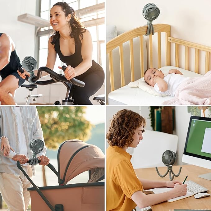 Momcozy Portable Stroller Fan, 8000mAh, 27H Ultra-long Battery Life, Detachable 4 Speed 360°Rotate, LED Night Light with 2 Modes, USB Rechargeable Handheld Cooling Fan for Travel, Car Seat, Bedroom-BubblyBeeBaby