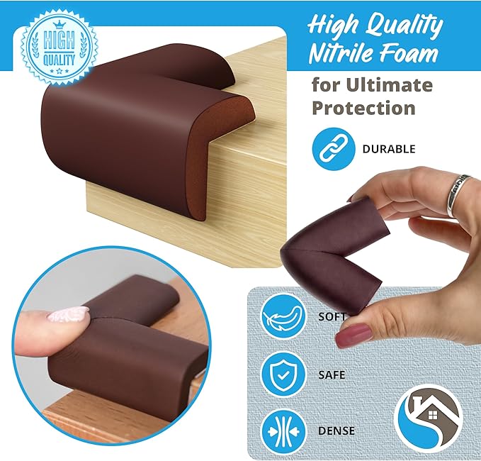 12-Pack Corner Protectors Baby Proof, Furniture Corner and Edge Safety Bumpers, Soft Rubber Foam Cushion Covers, 3M Taped Corner Guards, Baby Child Proofing Pads, Table Corner Protectors, Brown-BubblyBeeBaby