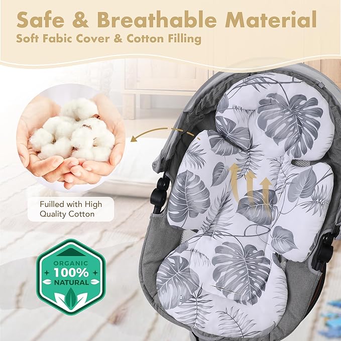 Infant Car Seat Insert, 2-in-1 Head & Body Carseat Support for Baby Newborn Toddler with Strap Covers, Reversible Ultra-Soft Cushion for Baby Carseat, Stroller, Swing & Bouncer-BubblyBeeBaby