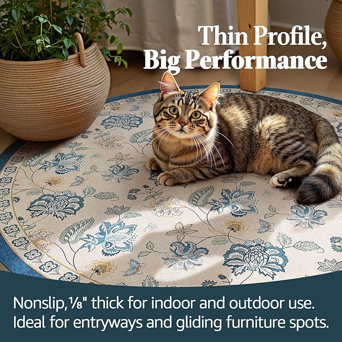 jinchan 7ft Floral Round Rug for Dining Room Washable Living Room Rug Vintage Romance Design Non Slip Indoor Floor Cover Lightweight Low-Profile Throw Carpet for Bedroom Porch Patio, Blue/Beige-BubblyBeeBaby