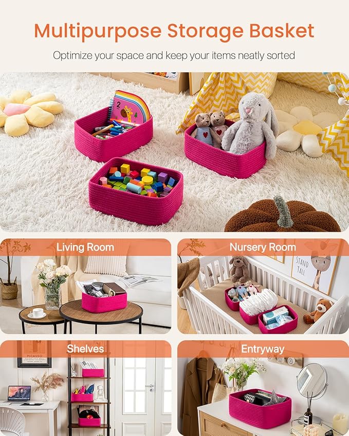 KALLAX Small Woven Basket, 12 x 8 x 4.5 Inches, Storage Basket for Organizing, Cute Small Rope Shelf Closet Cube Storage Bins Baskets for Shelves, Dog Toy Gift Baskets Empty, 3 Packs, Hot Pink-BubblyBeeBaby