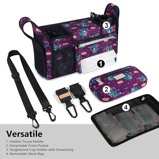 TOPDesign Universal Baby Stroller Organizer, Stroller Caddy with Detachable Mesh Bag & Heightened Insulated Cup Holders & Non-Slip Secure Hooks Accessories, Fits Most Strollers (Music Crocodiles)-BubblyBeeBaby