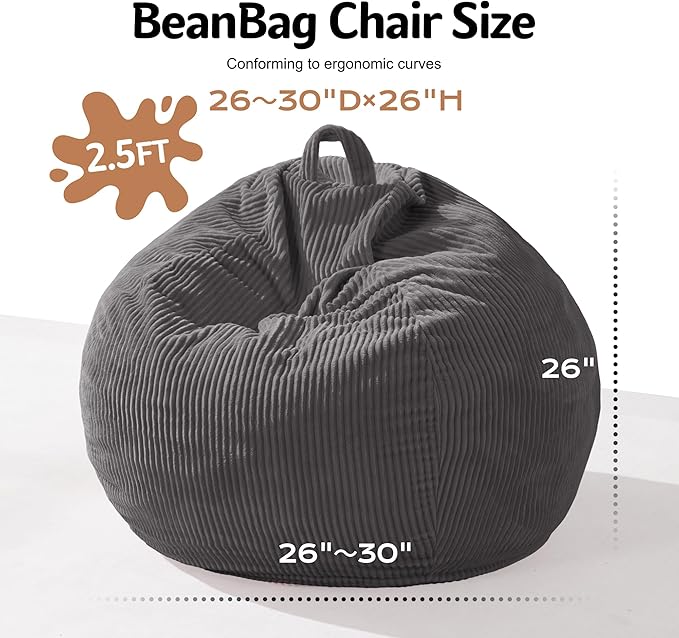 Homguava 2FT Bean Bag Chair,Teardrop Bean Bags Small Beanbag Chair with Memory Foam Filled and Ultra Soft Corduroy Cover for Living Room, Bedroom (Small,Grey)-BubblyBeeBaby
