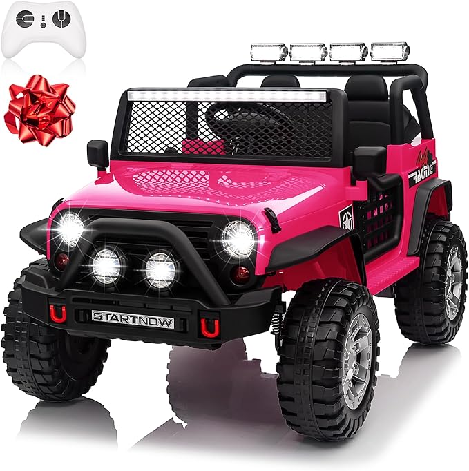 24V 4WD Ride on Truck Car w/800W Motors, Gift Flower, Remote Control, 2 Seaters, Light Bar, 3 Speeds, Pop Music, Power Four Wheels, 24 Volt Ride on Toy Car for Big Kids, Rose Red-BubblyBeeBaby