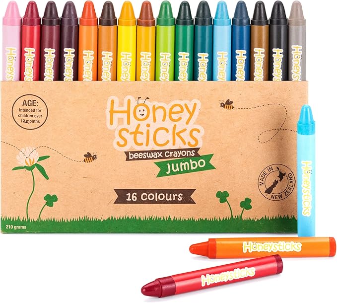 Honeysticks Jumbo Crayons (16 Pack) - Non Toxic Crayons - 100% Pure Beeswax and Food Grade Colors - 16 Bright Colors - Large, Easy to Hold and Use - Preschool Art Supplies for Toddlers/Kids 3-5, 4-8-BubblyBeeBaby
