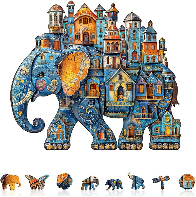 Jigfoxy Wooden Puzzles for Adults, Elephant House Wood Puzzles Adult, Unique Animal Shape Wooden Jigsaw Puzzles for Adults, Birthday Gifts for Puzzle Lovers, Family, Friend (S-8.5 * 7.4in-100pcs)-BubblyBeeBaby