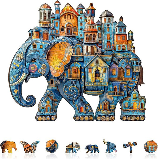 Jigfoxy Wooden Puzzles for Adults, Elephant House Wood Puzzles Adult, Unique Animal Shape Wooden Jigsaw Puzzles for Adults, Birthday Gifts for Puzzle Lovers, Family, Friend (S-8.5 * 7.4in-100pcs)-BubblyBeeBaby