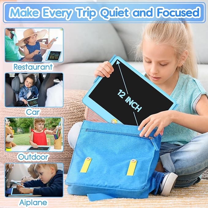 Hockvill LCD Writing Tablet for Kids 12 Inch, Toys for Boys Girls Drawing Pad for 3 4 5 6 7 Year Old Kids Toys, Toddler Erasable Doodle Board Travel Essentials, Children’s Day Gift for Kids - Blue-BubblyBeeBaby