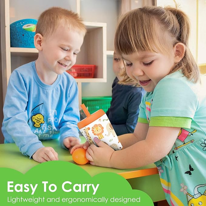 Kid Insulated Stainless Steel Tumbler with Silicone Straw, 12oz Sippy Cup for Kids (Jungle Animals)-BubblyBeeBaby