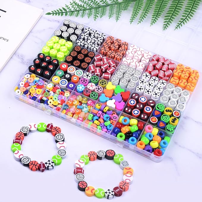 1000PCS Polymer Clay Beads Bracelet Making kit, 24 Style Cute Fun Beads Sports Ball Beads Volleyball Softball Baseball Basketball Soccer Rugby Football Charms for Jewelry Making DIY for Women Girls-BubblyBeeBaby