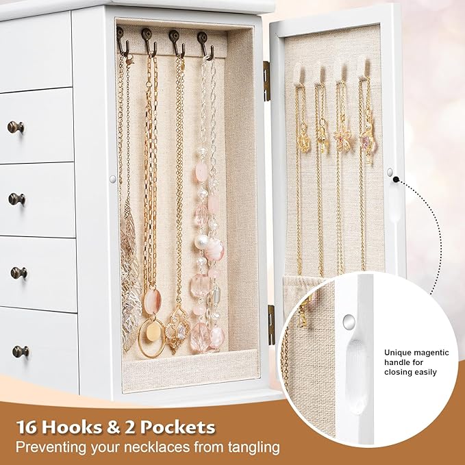 Jewelry Box for Women, 5 Layer Large Wood Jewelry Boxes & Organizers for Necklaces Earrings Rings Bracelets, Rustic Jewelry Organizer Box with Drawers and Mirror (Vintage White)-BubblyBeeBaby