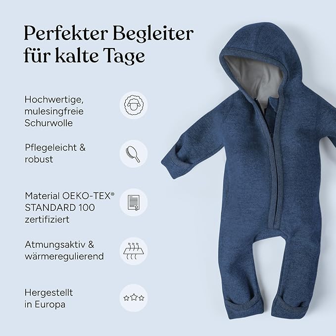 Ehrenkind® WOOLEN JUMPSUIT for Infants and Kids, Warm infant One-Piece made of natural virgin wool with zipper-BubblyBeeBaby