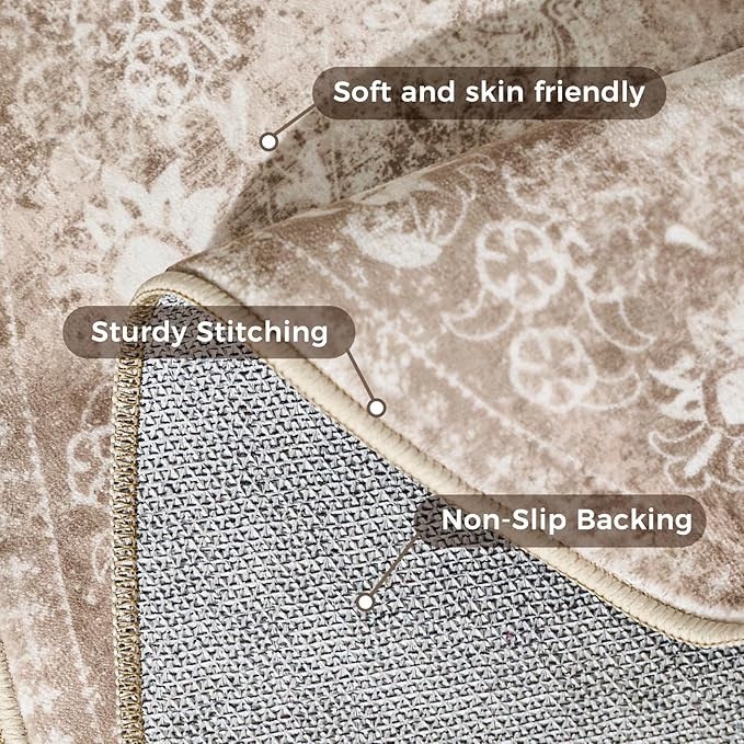 jinchan Round Rug 6ft Area Rug - Brown Vintage Floor Mat Kitchen Indoor - Washable Circle 6' Thin Floral Print Carpet Retro Farmhouse Non Slip Dining Room Living Room Bedroom Office-BubblyBeeBaby