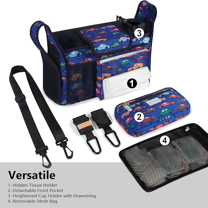 TOPDesign Universal Baby Stroller Organizer, Stroller Caddy with Detachable Mesh Bag & Heightened Insulated Cup Holders & Non-Slip Secure Hooks Accessories, Fits Most Strollers (Cars)-BubblyBeeBaby