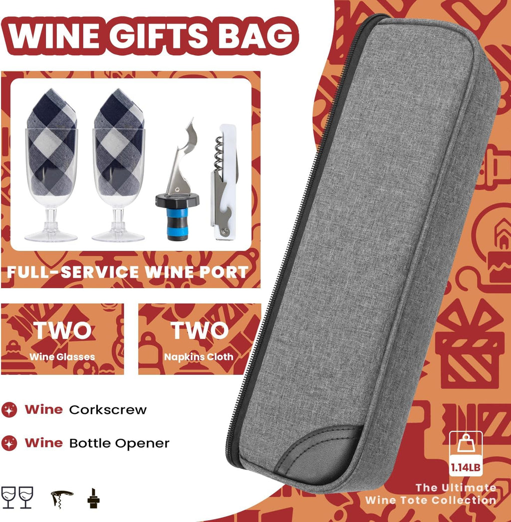 ALLCAMP Wine Bag - Insulated Cooler Bag with Wine Glasses, Bottle Opener & Wine Accessories for Wine Lovers - Portable Wine Gift Bag for Travel, Picnics, and Gift Ideas(Gray)