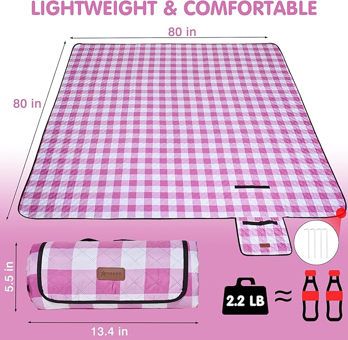 HX&OD Outdoor Picnic Blanket, Extra Large, 80''x80'' Waterproof Foldable Blankets Gingham Picnic Mat for Beach, Camping Grass Lawn Park Accessories Cute Couple Ideas Wedding (Pink, 80”x80”)-BubblyBeeBaby