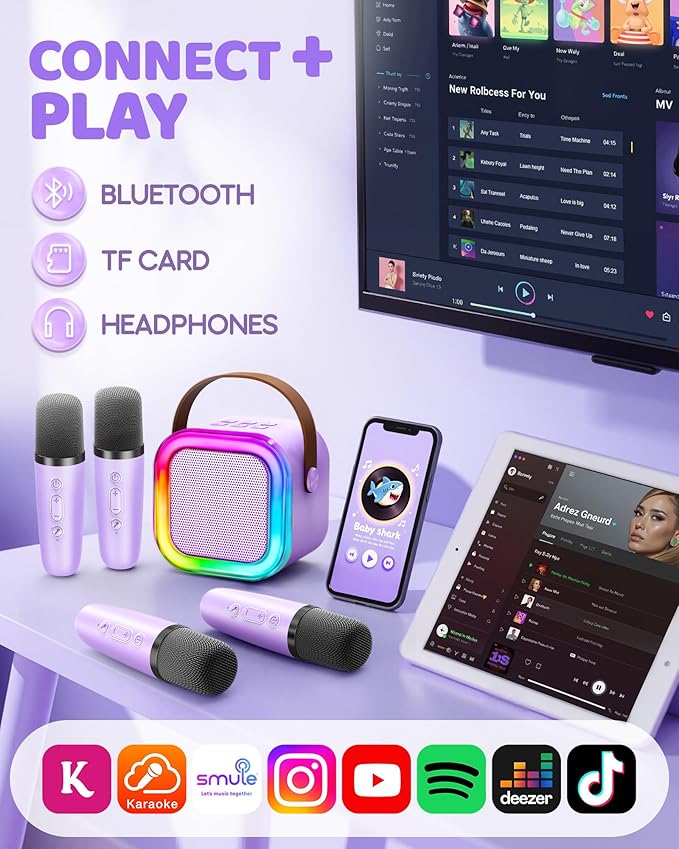 IROO Mini Karaoke Machine for Kids, 2025 TOP Toys Birthday Gifts Ideas for Girls Ages 4, 5, 6, 7, 8, 9, 10, 12+ Years Old, Portable MP3 Player with 4 Wireless Mics for Party-BubblyBeeBaby