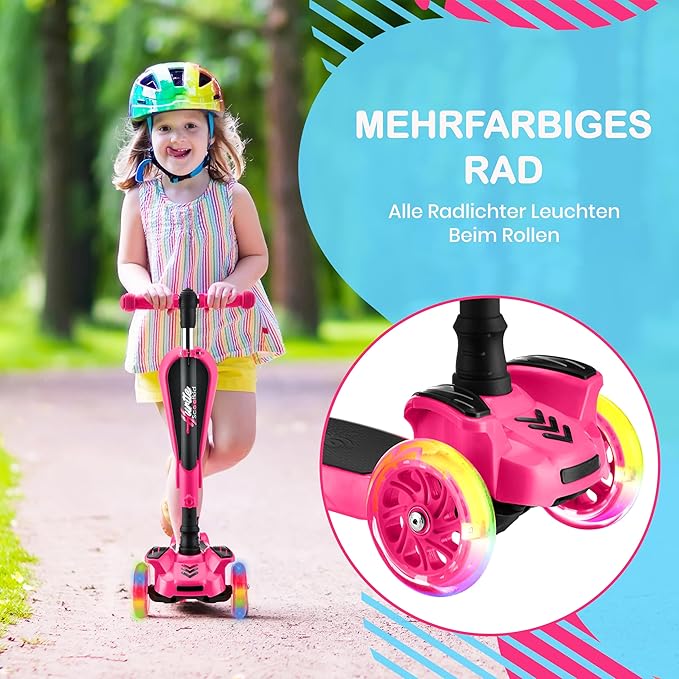 Hurtle 3-Wheeled Scooter for Kids - Wheel LED Lights, Adjustable Lean-to-Steer Handlebar, and Foldable Seat - Sit or Stand Ride with Brake for Boys and Girls Ages 1-14 Years Old-BubblyBeeBaby