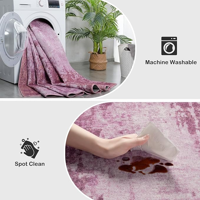 Kelarea Living Room Rug, 6x9 Rug Modern Abstract Washable Rugs Pink Faux Wool Vintage Carpet, Non Slip Rugs for Bedroom, Dining Room, College Dorm, Kids Playroom, Home Office-BubblyBeeBaby